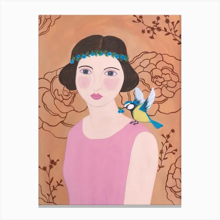 2 Woman In Pink Dress With Bird Canvas Print by Sally B