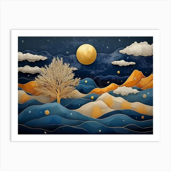 3d Modern Art with Dark Blue Background 2 Art Print by Divine Studio