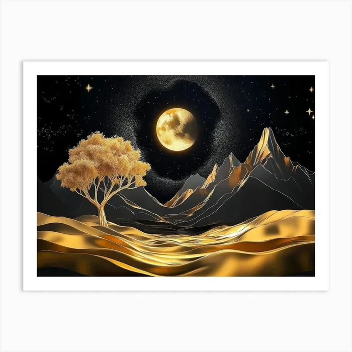 3d Modern Night Landscape With Dark Mountains, Dark Black Background With Stars Painting Art Print by Divine Studio