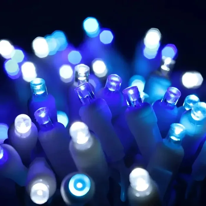 50 5mm ColorSplash Arctic Blue, Cool White, Teal LED Christmas Lights, 6 ” Spacing, White Wire