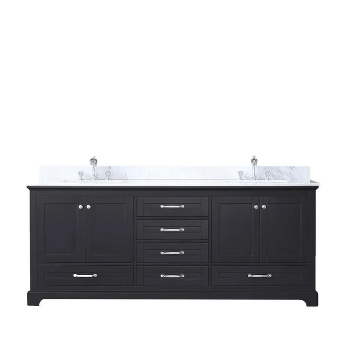 80 ” Espresso Double Vanity, White Carrara Marble Top, Square Sinks, no Mirror
