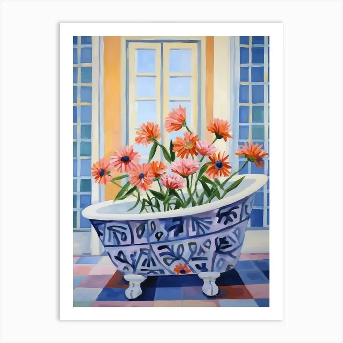 A Bathtube Full Gerbera In A Bathroom 3 Art Print by Flora Expressions