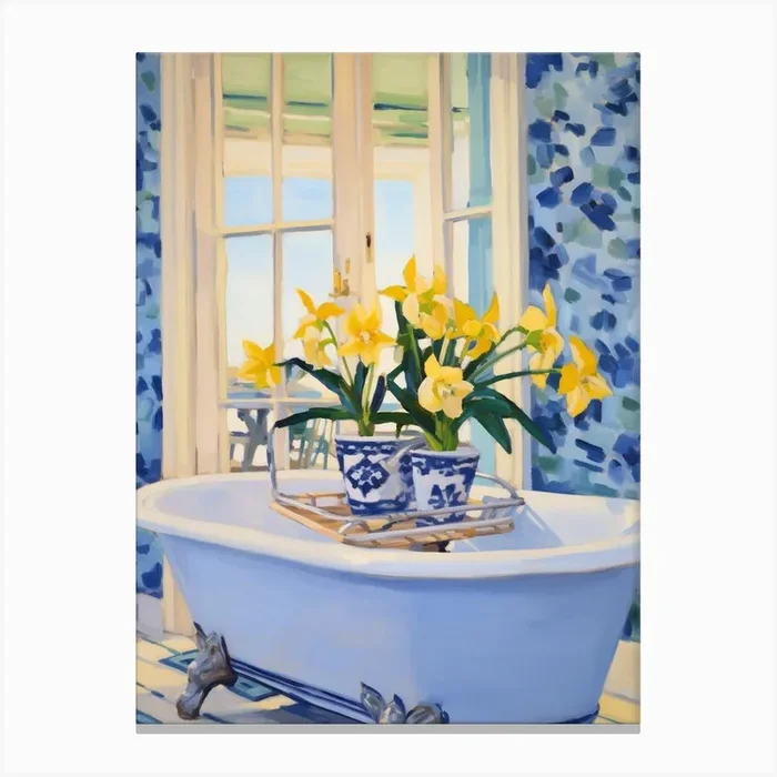A Bathtube Full Of Daffodil In A Bathroom 1 Canvas Print by Flora Expressions
