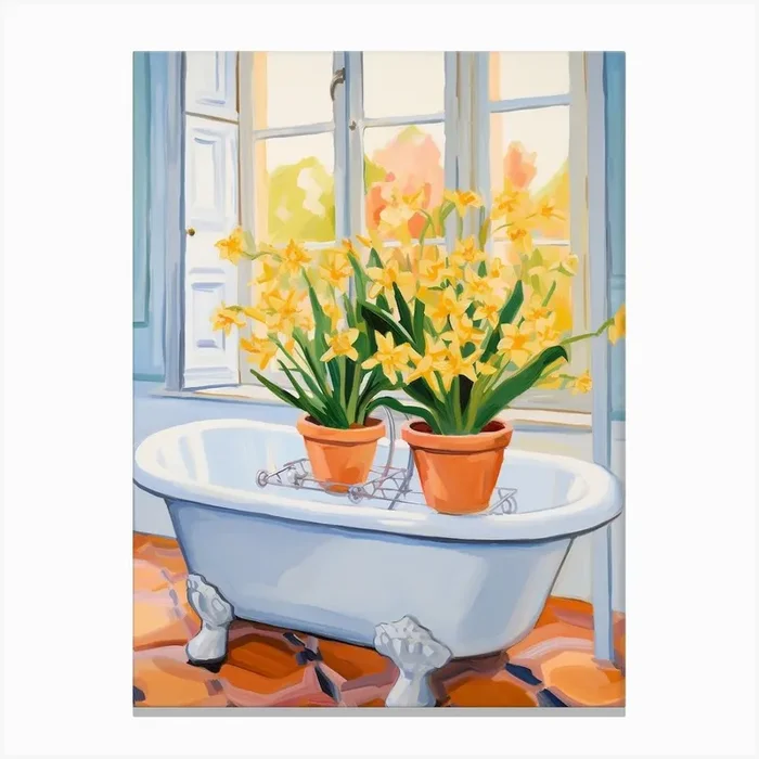 A Bathtube Full Of Daffodil In A Bathroom 2 Canvas Print by Flora Expressions