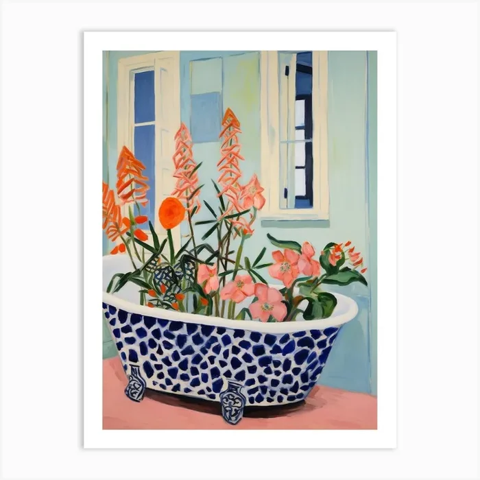 A Bathtube Full Of Peacock Flower In A Bathroom 4 Art Print by Flora Expressions