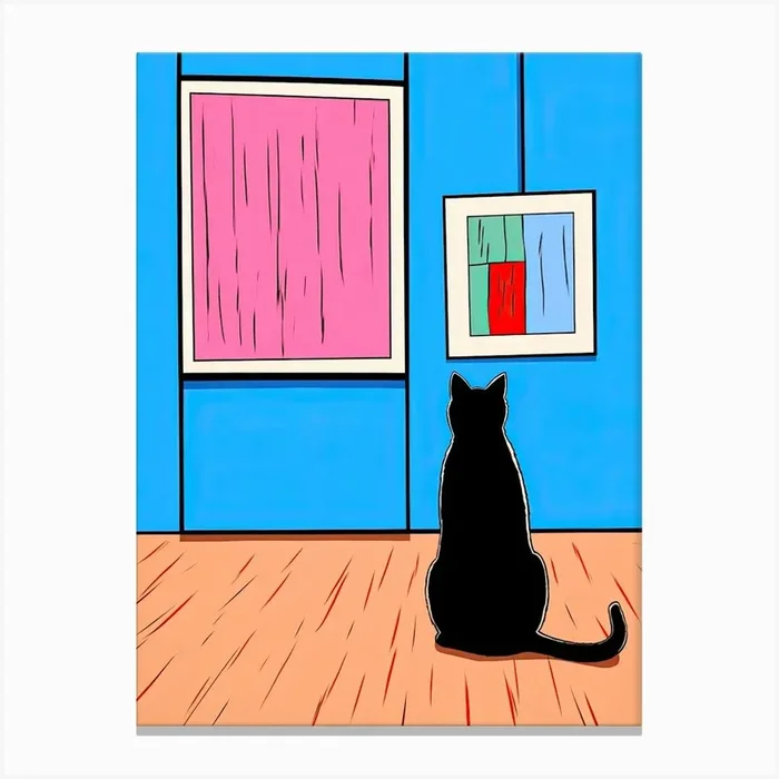 A Black Cat Looking At Art Canvas Print by Mambo