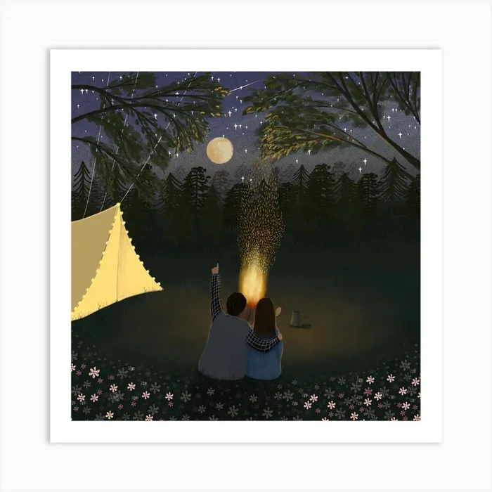 A Couple With Camping Fire Square Art Print by The FishbirdCo