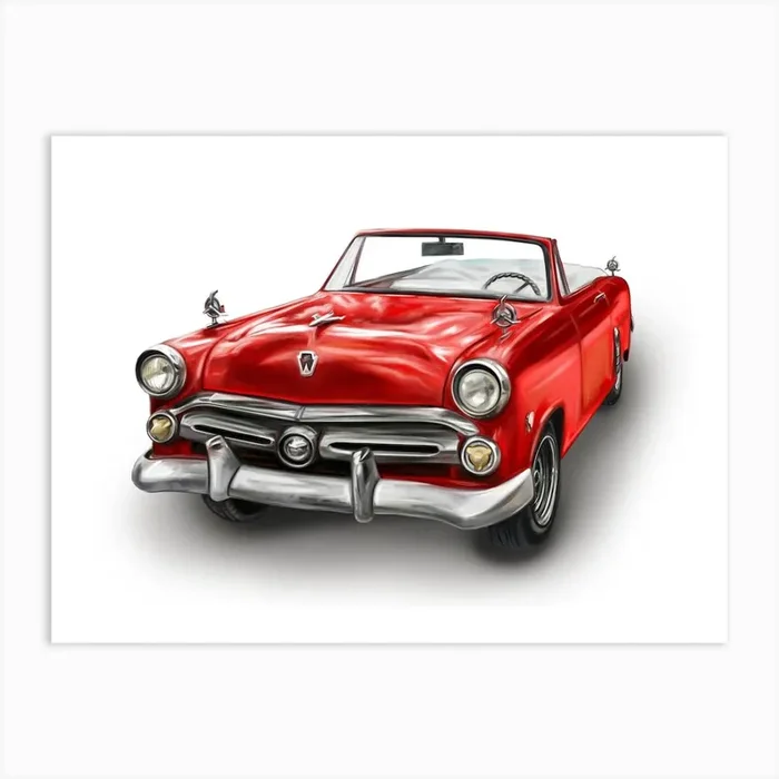 A Ford Crestline is a piece of automotive art. It features the iconic 1950s car with its sleek design, chrome accents, and vintage style. The drawing is highly detailed. Art Print by Popova Josephine