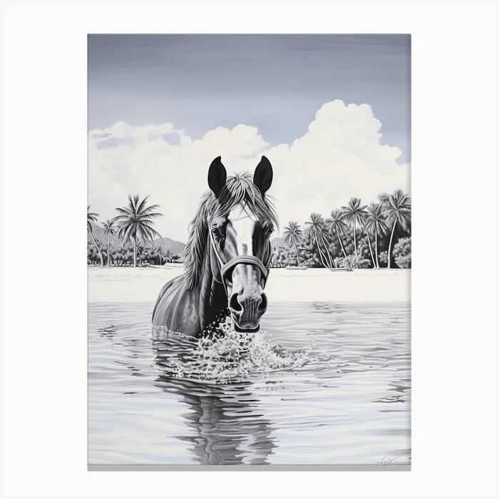 A Horse Oil Painting In Matira Beach, Bora Bora, Portrait 1 Canvas Print by Equine Masterpieces