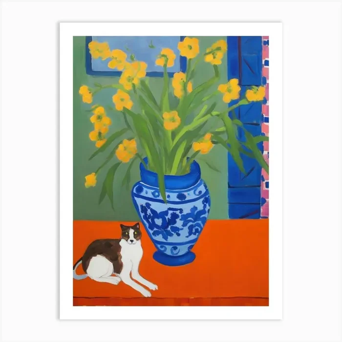 A Painting Of A Still Life Of A Delphinium With A Cat In The Style Of Matisse 4 Art Print by Mambo