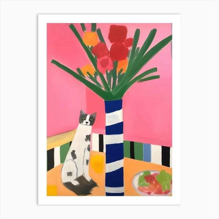 A Painting Of A Still Life Of A Gladioli With A Cat In The Style Of Matisse 3 Art Print by Mambo