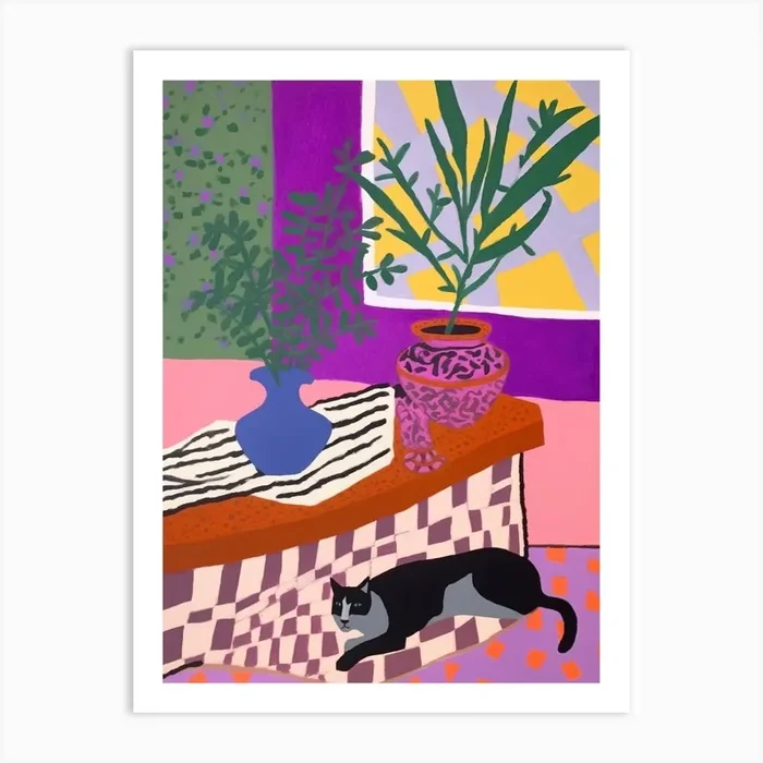 A Painting Of A Still Life Of A Heather With A Cat In The Style Of Matisse 2 Art Print by Mambo