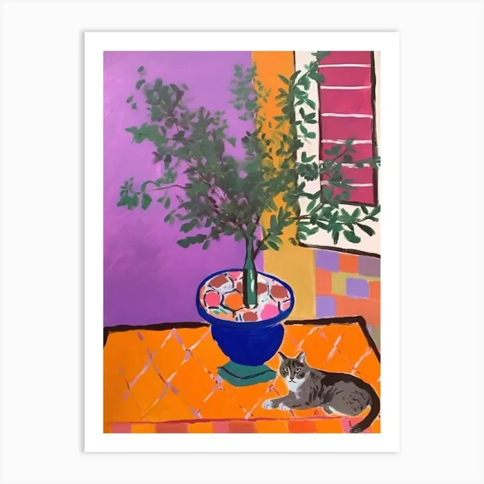 A Painting Of A Still Life Of A Lilac With A Cat In The Style Of Matisse 1 Art Print by Mambo