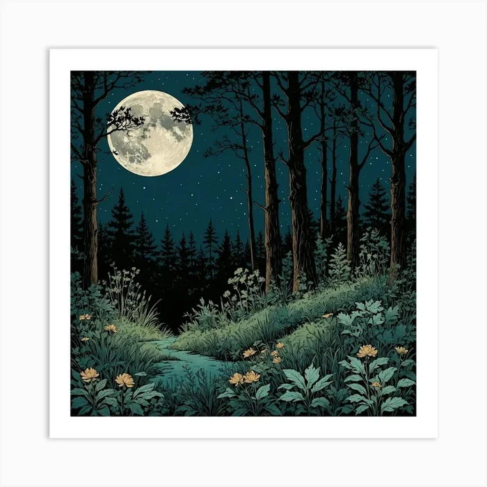A Vintagestyle Poster Depicting A Serene Night 0 Art Print by Waqas Art