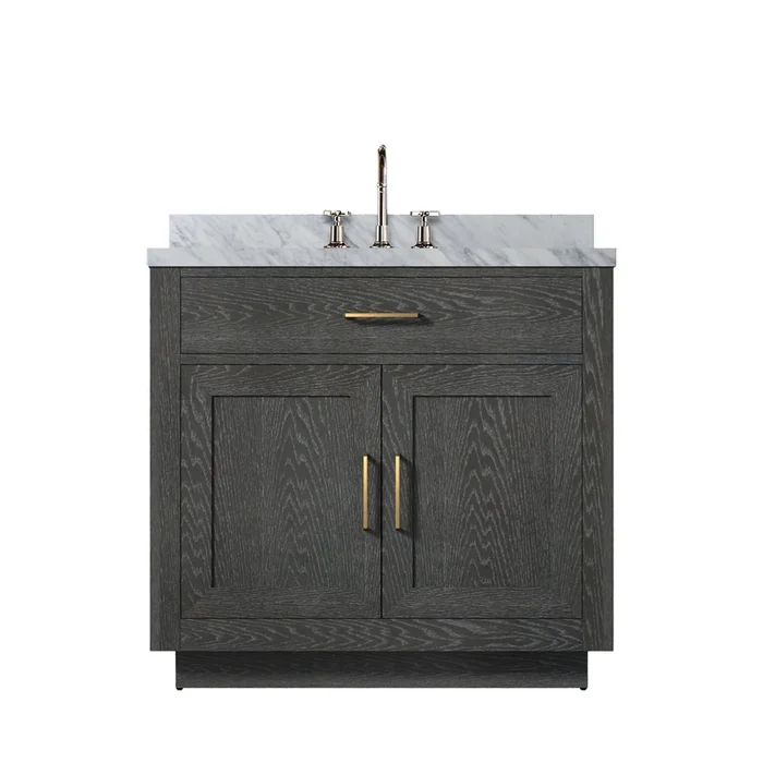 Abbey 36 in W x 22 in D Black Oak Single Bath Vanity, Carrara Marble Top, and Faucet Set