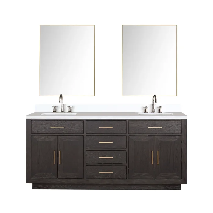Abbey 72 in W x 22 in D Brown Oak Double Bath Vanity, White Quartz Top, Faucet Set, and 34 in Mirrors