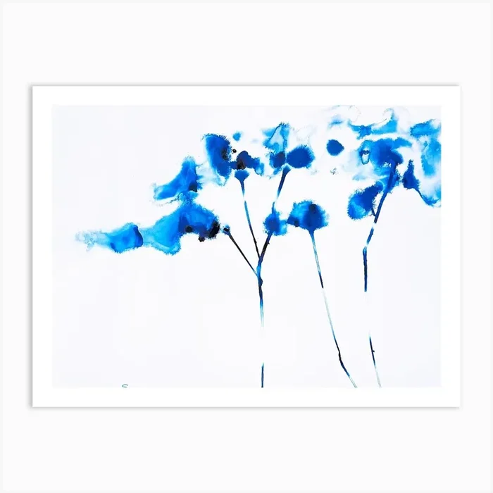Abstract Blue Florals, Liquid Acrylics on Paper Art Print by Shopbymaja