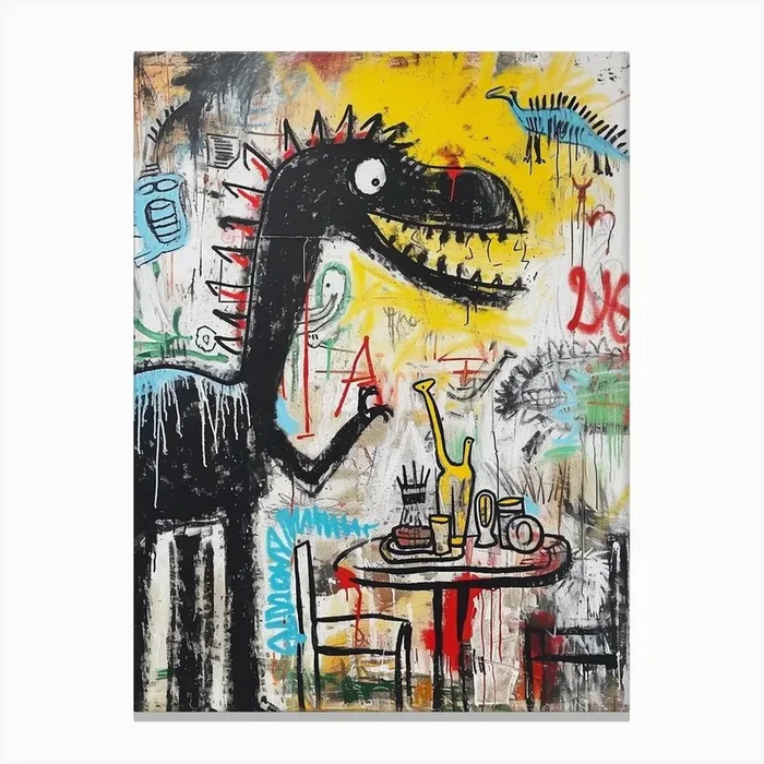 Abstract Dinosaur Eating At A Table Canvas Print by Dino Delights
