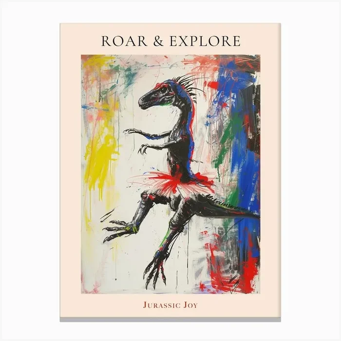Abstract Dinosaur Wild Brushstrokes Dancing 2 Poster Canvas Print by Dino Delights