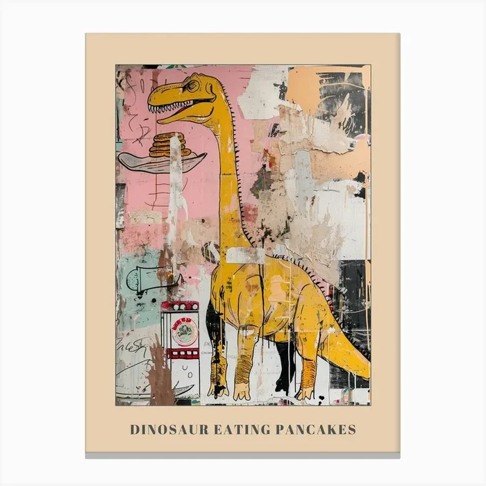 Abstract Mustard Dinosaur Painting Eating Pancakes Poster Canvas Print by Dino Delights