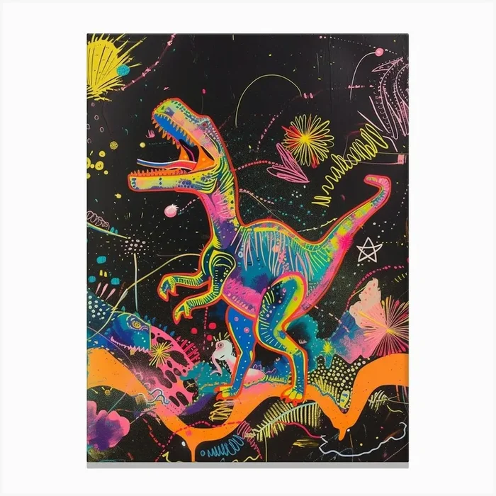 Abstract Neon Dinosaur Explosion Canvas Print by Dino Delights