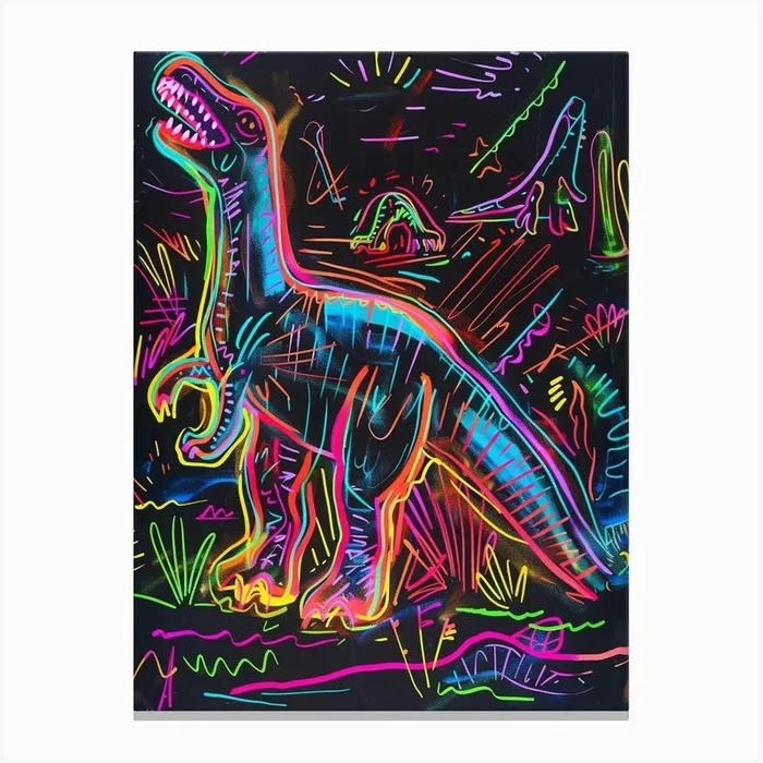 Abstract Neon Dinosaur Lines Canvas Print by Dino Delights