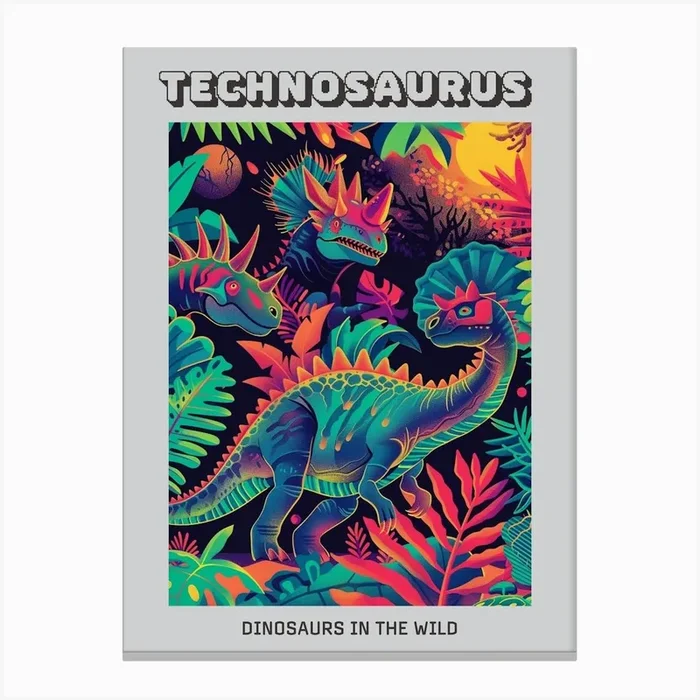 Abstract Neon Dinosaurs In Jurassic Landscape 2 Poster Canvas Print by Dino Delights