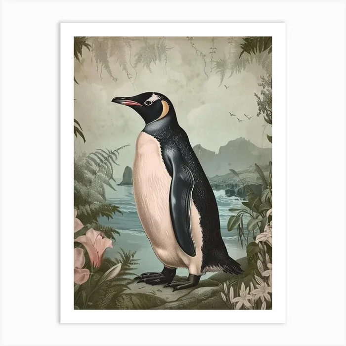 Adlie Penguin Gold Harbour Vintage Botanical Painting 3 Art Print by Energy of the Sea