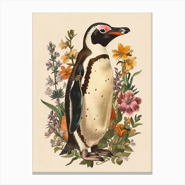 Adlie Penguin Paradise Harbor Vintage Botanical Painting 1 Canvas Print by Energy of the Sea