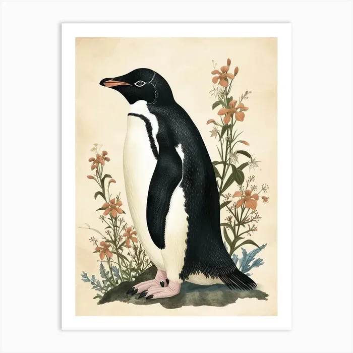 Adlie Penguin Santiago Island Vintage Botanical Painting 1 Art Print by Energy of the Sea