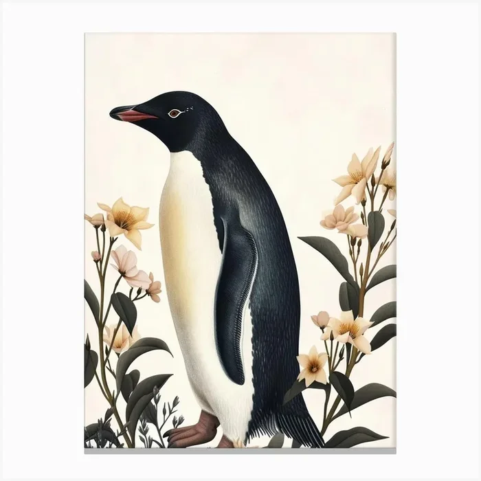 Adlie Penguin Saunders Island Vintage Botanical Painting 2 Canvas Print by Energy of the Sea
