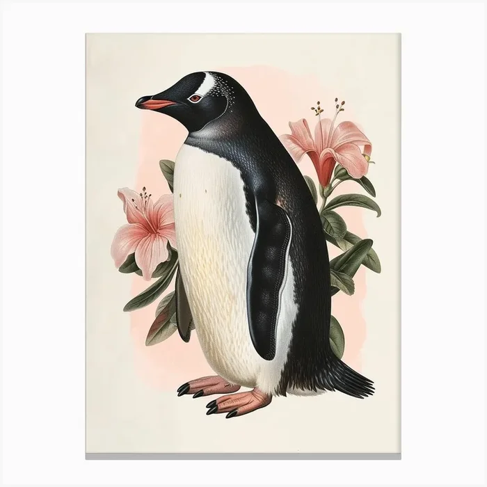 Adlie Penguin Saunders Island Vintage Botanical Painting 4 Canvas Print by Energy of the Sea