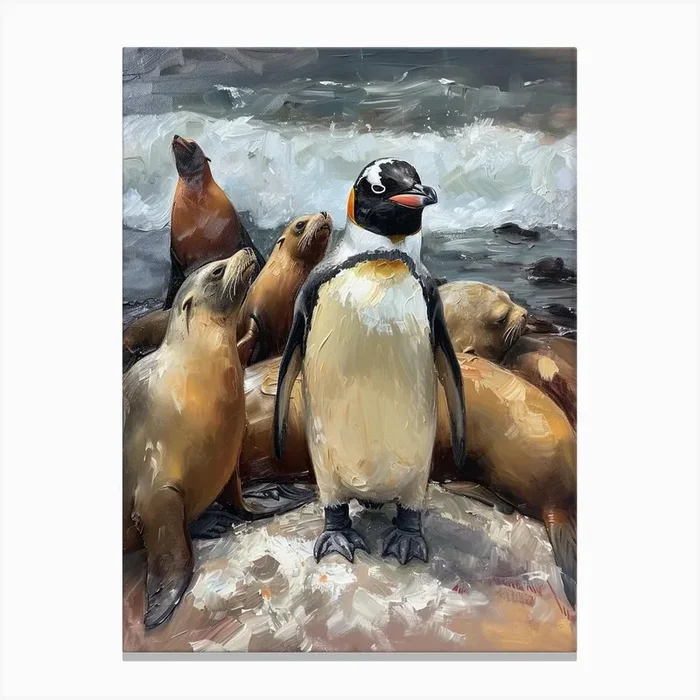 Adlie Penguin Sea Lion Island Oil Painting 2 Canvas Print by Energy of the Sea