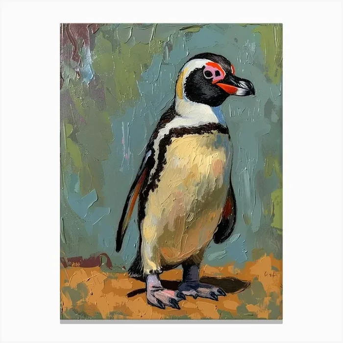 African Penguin Fernandina Island Oil Painting 3 Canvas Print by Energy of the Sea