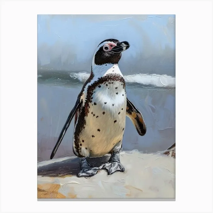 African Penguin Gold Harbour Oil Painting 4 Canvas Print by Energy of the Sea