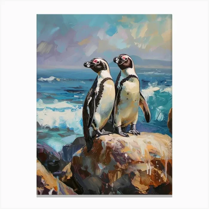 African Penguin Sea Lion Island Oil Painting 1 Canvas Print by Energy of the Sea