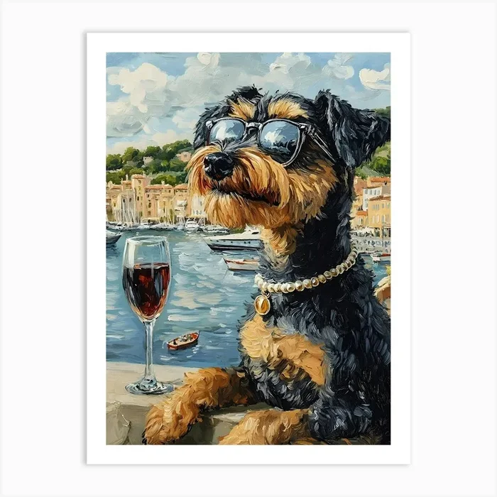 Airedale Drinks Wine At The Harbor Art PrintSC by S.K. Coghlan