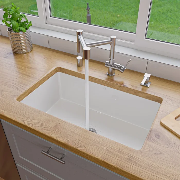 ALFI brand ABF3018UD ABF3018UD-W White 30 ” x 18 ” Fireclay Undermount / Drop In Kitchen Sink w Grid