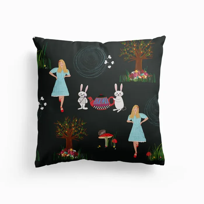 Alice’S Adventures In Wonderland Pattern Canvas Cushion by Gulsen Gunel