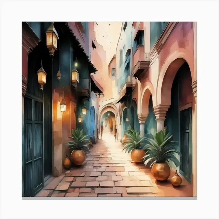 Alleyway, Marrakech Dreamscape, Watercolor Blending Canvas Print by alien designer