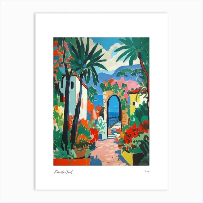 Amalfi Coast Matisse Style, Italy 9 Watercolour Travel Poster Art Print by Fusion Designs
