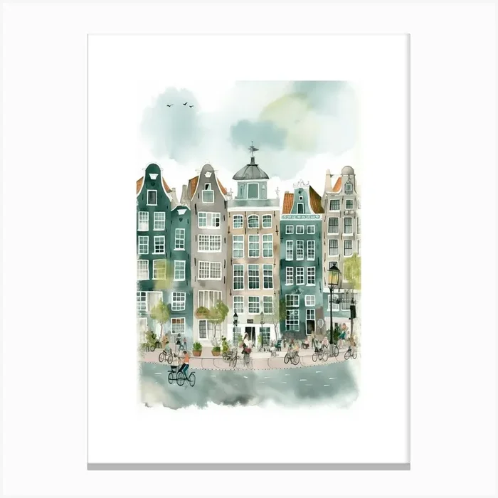 Amsterdam Houses Green Watercolour Canvas Print by Mambo