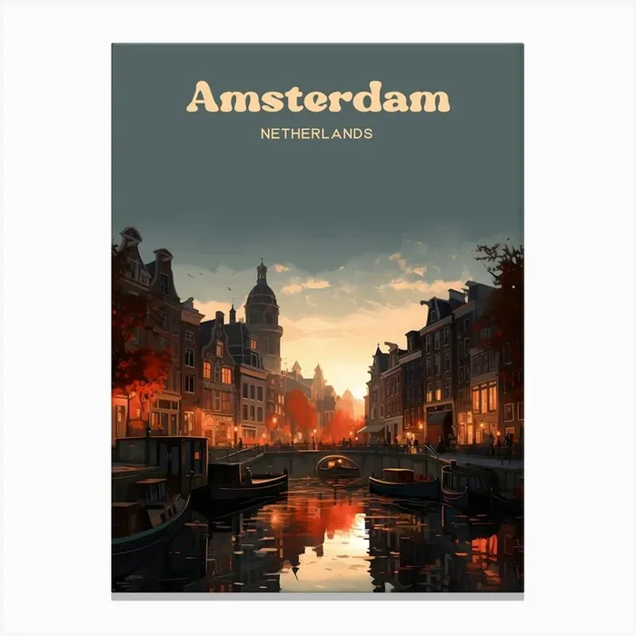 Amsterdam Netherlands Sunset Canal Ride Travel Illustration Canvas Print by Wanderscape Travel Art