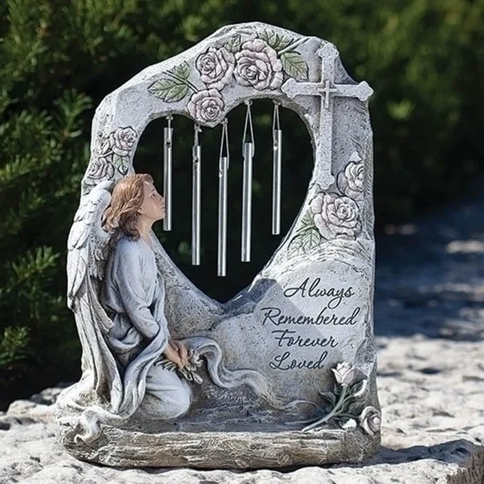 Angel with Heart Chime Garden Statue