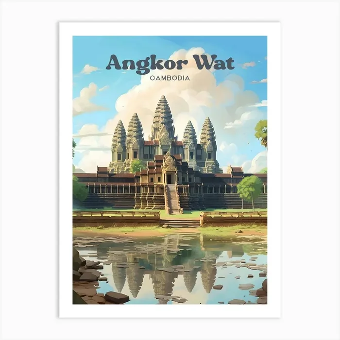Angkor Wat Temple Cambodia Travel Illustration Art Print by Wanderscape Travel Art