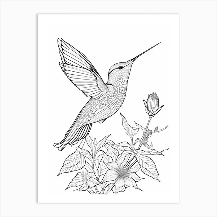 Anna S Hummingbird William Morris Line Drawing 2 Art Print by Featherline
