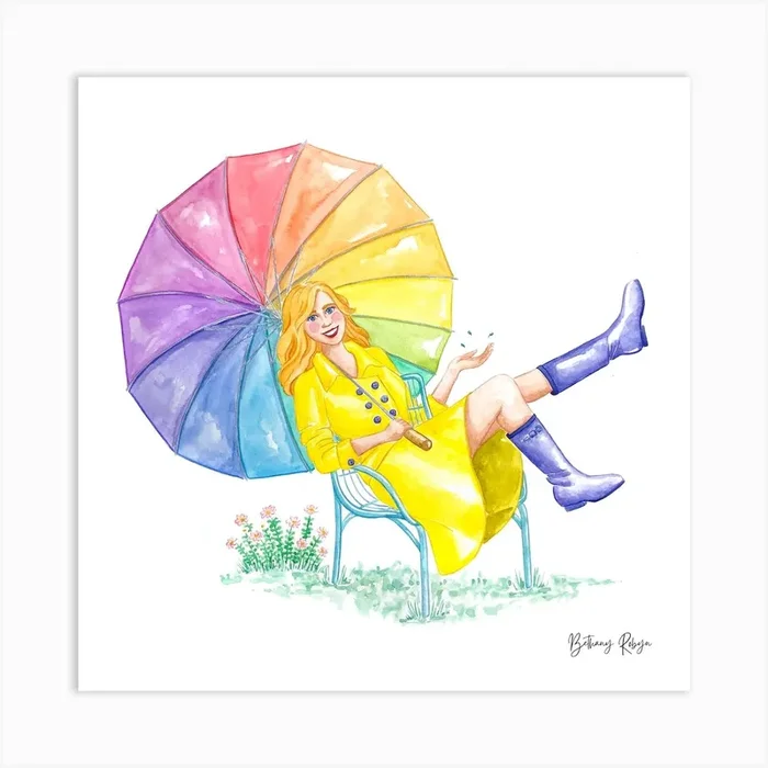 April Showers with rainbow umbrella Art Print by BethanyRobyn