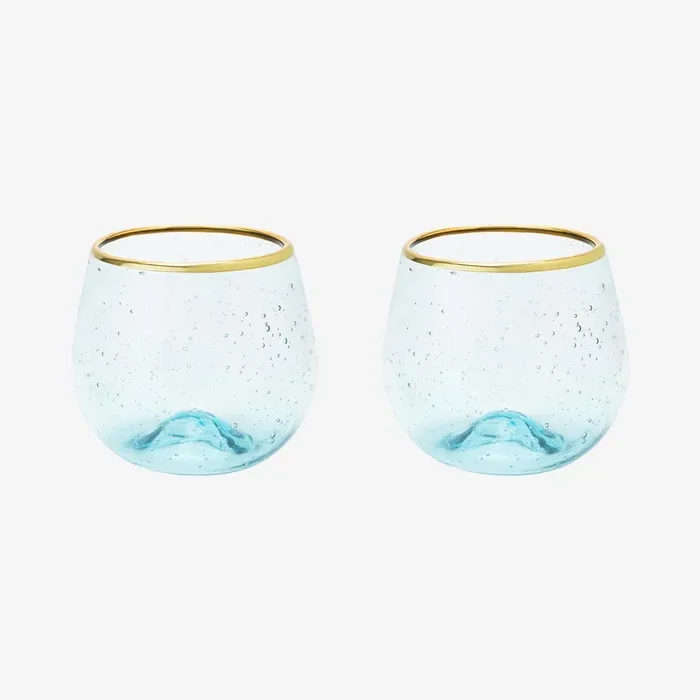 Aqua Bubble Stemless Wine Glasses – Blue – Set of 2 by Twine