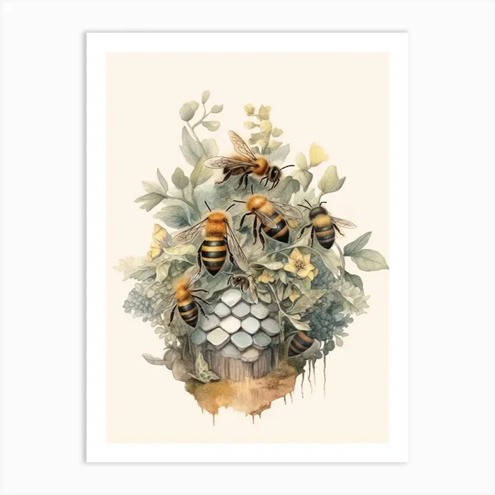Ashy Mining Bee Beehive Watercolour Illustration 3 Art Print by Flora Expressions
