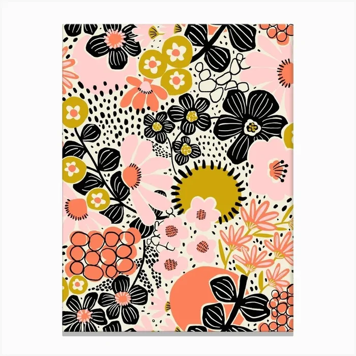 Asian Florals Pink Orange Black White Abstract Pattern Canvas Print by Sandra Hutter Designs
